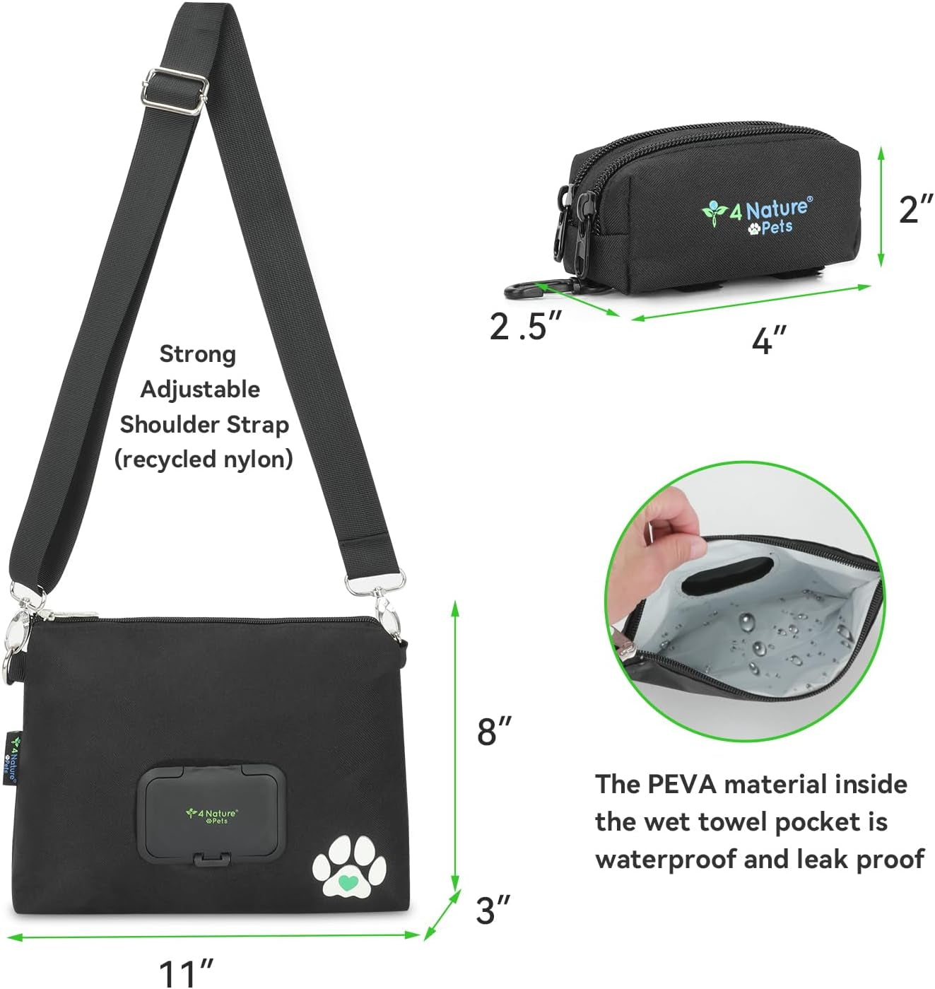 Dog Treat Pouch with Bonus Poop Bag Dispenser, Treat Bag for Dog Training, Food Pouch Holder, Dog Essentials, Leakproof Wet Wipes Pocket, Water Resistant (Black)