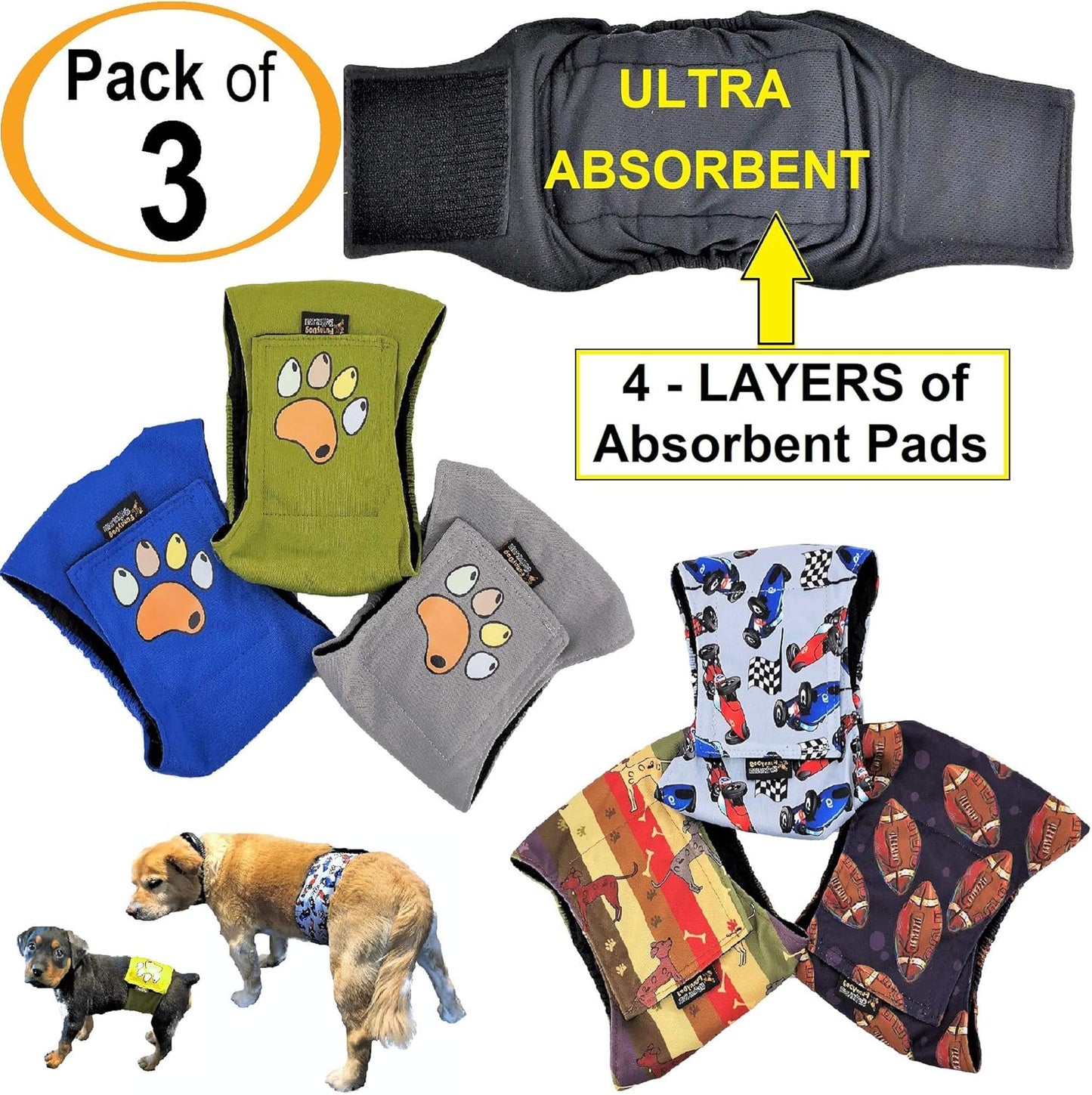 Pack of 3 Male Dog Diapers 4 - Layers of Absorbent Pads Waterproof Leak Proof Belly Band Wrap Washable (XL: Waist 20" - 26", Solid with Paw)