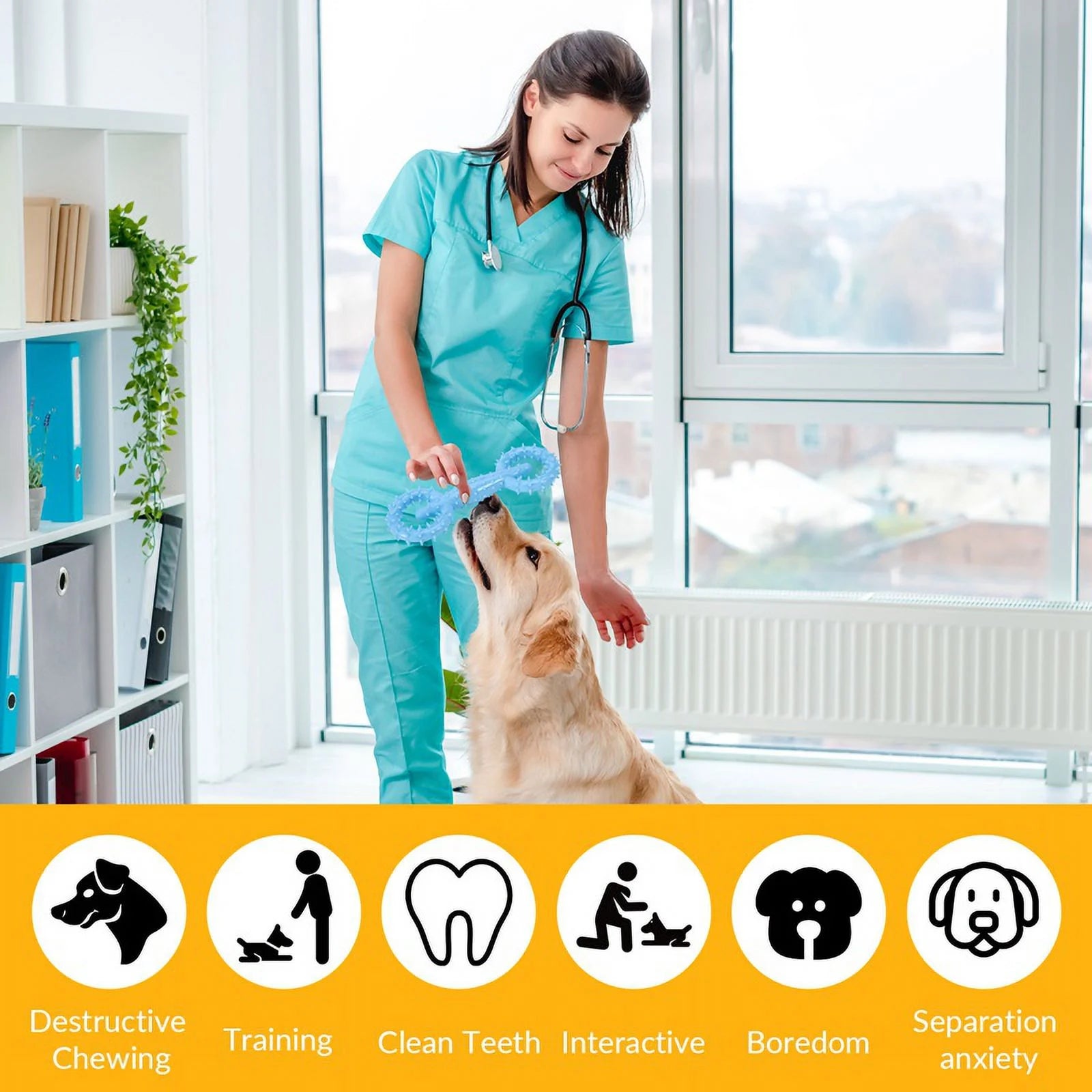 4-Piece Interactive & Chew Dog Toy Set with Rubber Bone & Dumbbell for Teething, Blue