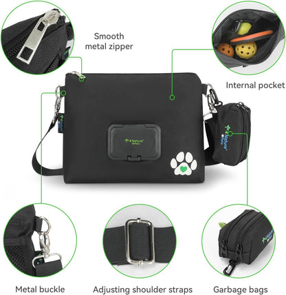 Dog Treat Pouch with Bonus Poop Bag Dispenser, Treat Bag for Dog Training, Food Pouch Holder, Dog Essentials, Leakproof Wet Wipes Pocket, Water Resistant (Black)