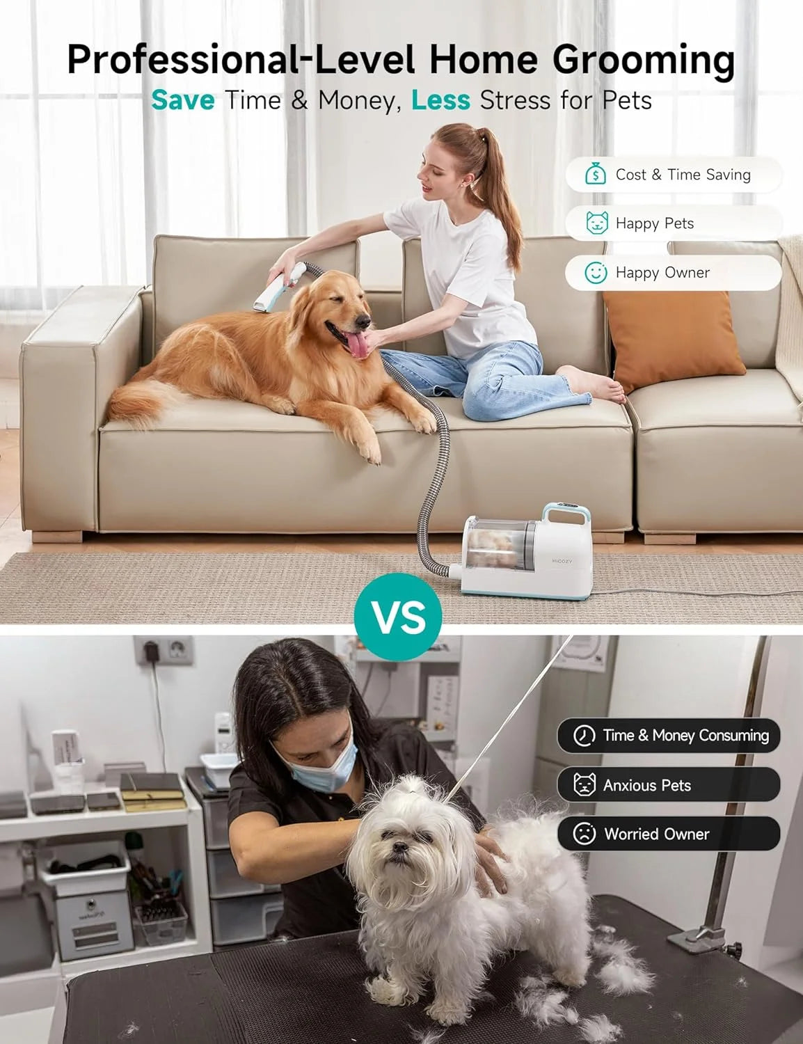 HiCOZY S1+ 50dB low noise, 2L Grooming/Shedding Vacuum, 12000Pa suction, 6 Professional Attachments, Blue