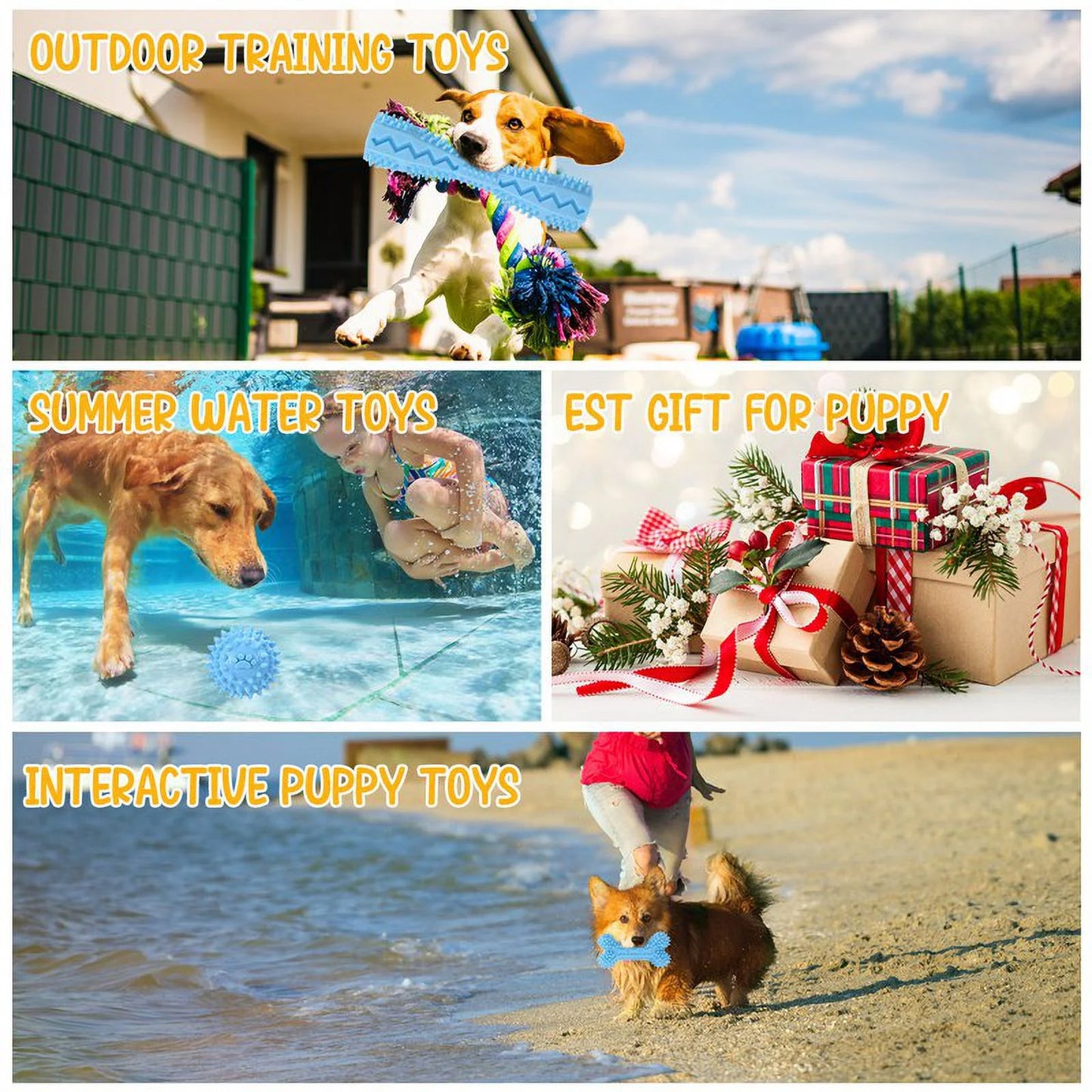 4-Piece Interactive & Chew Dog Toy Set with Rubber Bone & Dumbbell for Teething, Blue