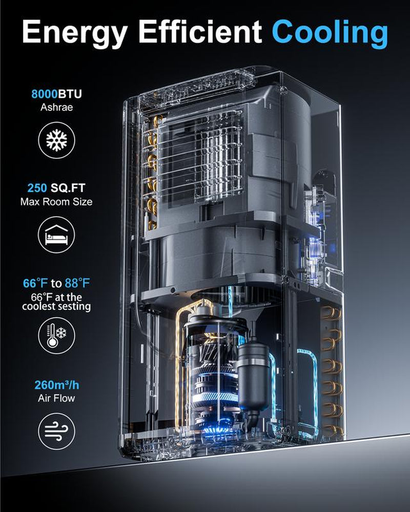 Portable Air Conditioner 8000 BTU ASHARE(5000 BTU SACC), Portable AC Cool Rooms up to 250 Sq.Ft, 3-In-1 AC Unit with Remote Control&24H Timer, Window Kit Included Air Conditioner