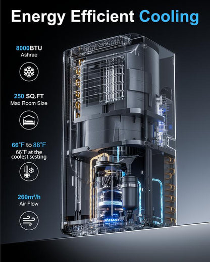 Portable Air Conditioner 8000 BTU ASHARE(5000 BTU SACC), Portable AC Cool Rooms up to 250 Sq.Ft, 3-In-1 AC Unit with Remote Control&24H Timer, Window Kit Included Air Conditioner
