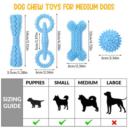 4-Piece Interactive & Chew Dog Toy Set with Rubber Bone & Dumbbell for Teething, Blue