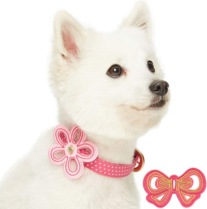2 Patterns Adjustable Dog Collar with Metal Buckle and 2 Detachable Bowtie - Pink Polka Dot, Neck 9-12.5", for Small Breed