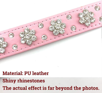 Rhinestone Flower Dog Collar - Sparkling Leather Pet Collar - for Small and Medium Dogs (Pink S)
