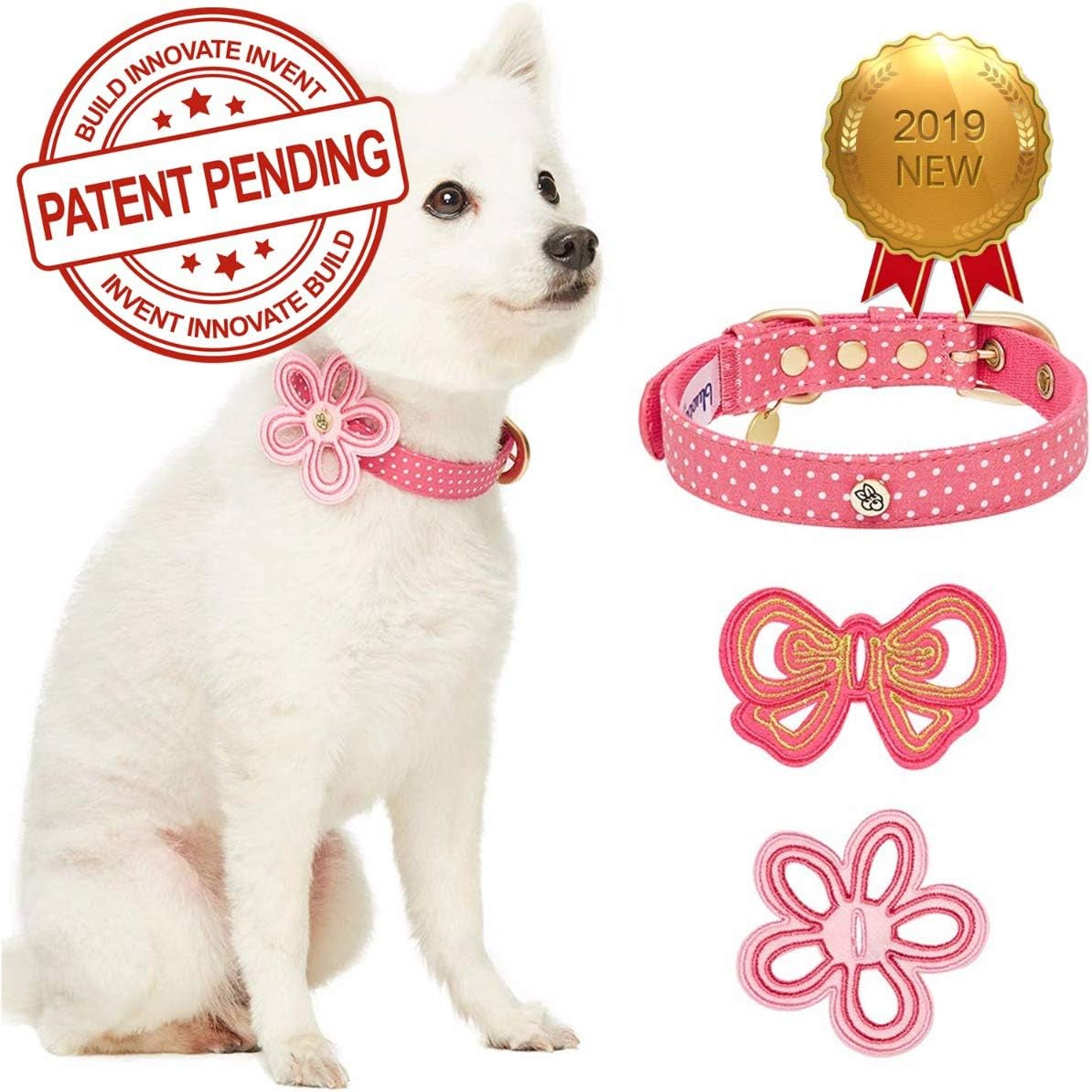 2 Patterns Adjustable Dog Collar with Metal Buckle and 2 Detachable Bowtie - Pink Polka Dot, Neck 9-12.5", for Small Breed