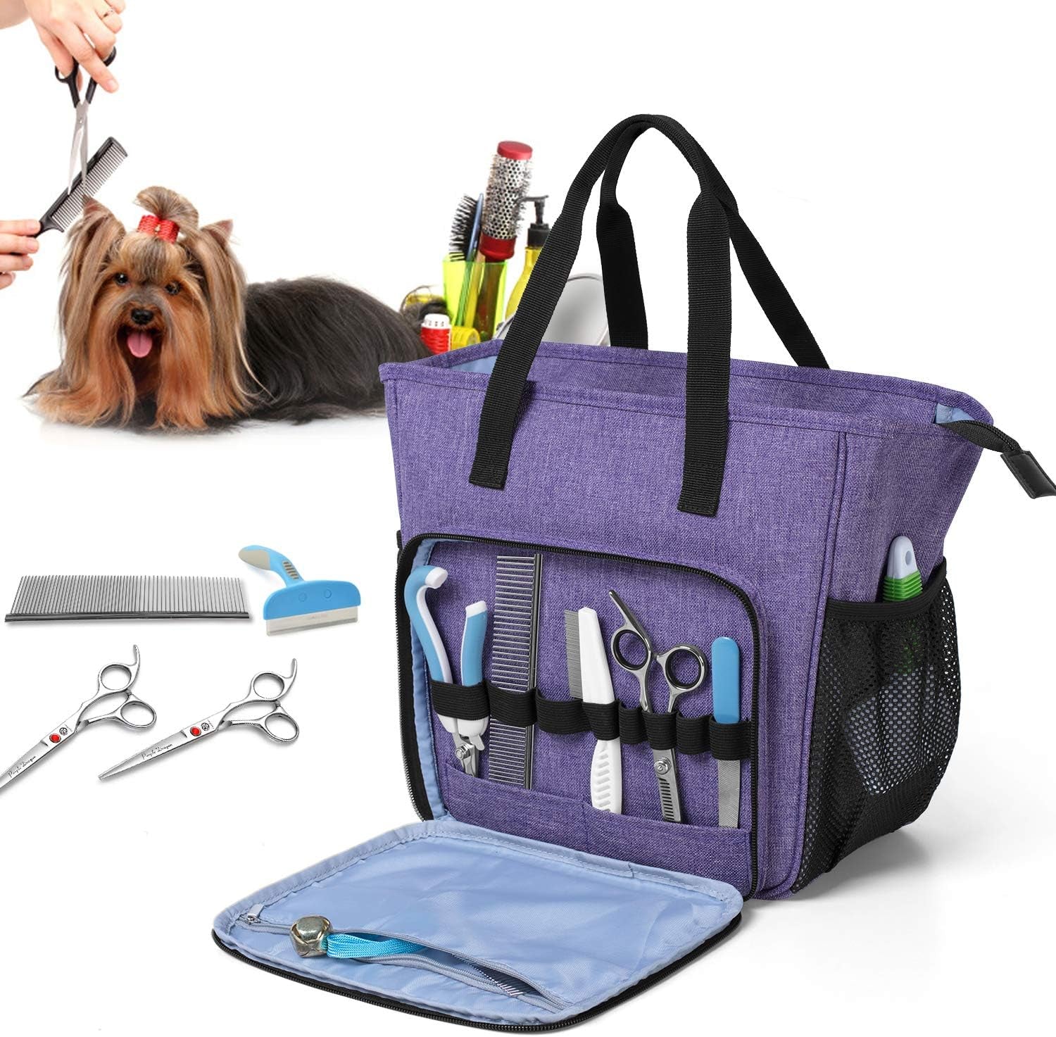 Pet Grooming Tote, Dog Grooming Supplies Organizer Bag for Grooming Shears, Deshedding Tool, Towels, Shampoo and More, Purple
