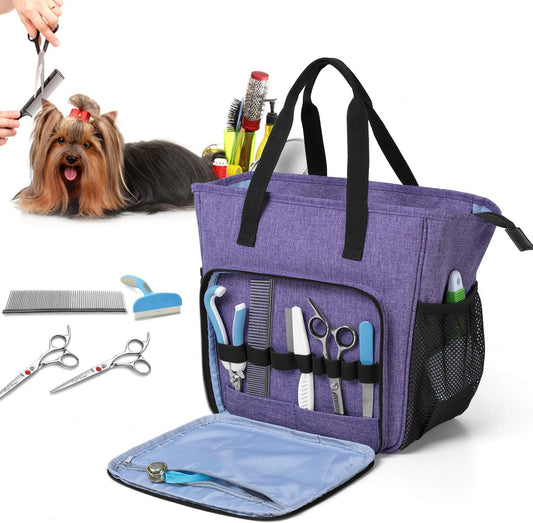 Pet Grooming Tote, Dog Grooming Supplies Organizer Bag for Grooming Shears, Deshedding Tool, Towels, Shampoo and More, Purple