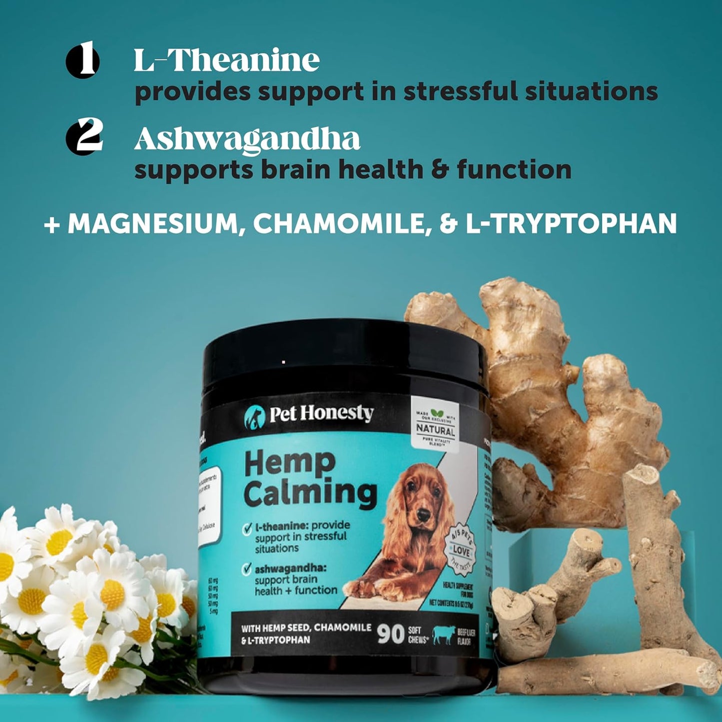 Natural Hemp Calming Chews for Dogs - Dog Anxiety Relief - Calming Aid Supplement with Valerian Root, Chamomile, + Magnesium - Stress, Separation & Thunder Support - (Chicken, 90 Count)