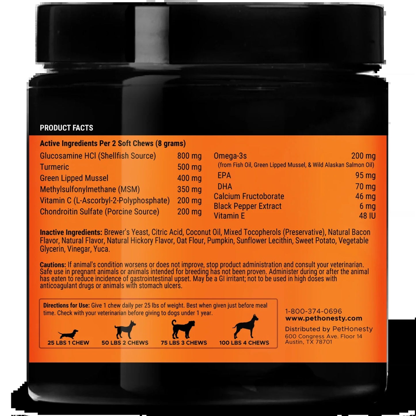 Pet Honesty Dog Hip + Joint Health Max Strength, Bacon Flavor, 90 Count Soft Chews