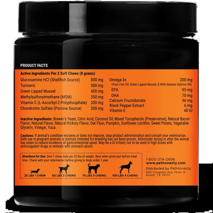 Pet Honesty Dog Hip + Joint Health Max Strength, Bacon Flavor, 90 Count Soft Chews