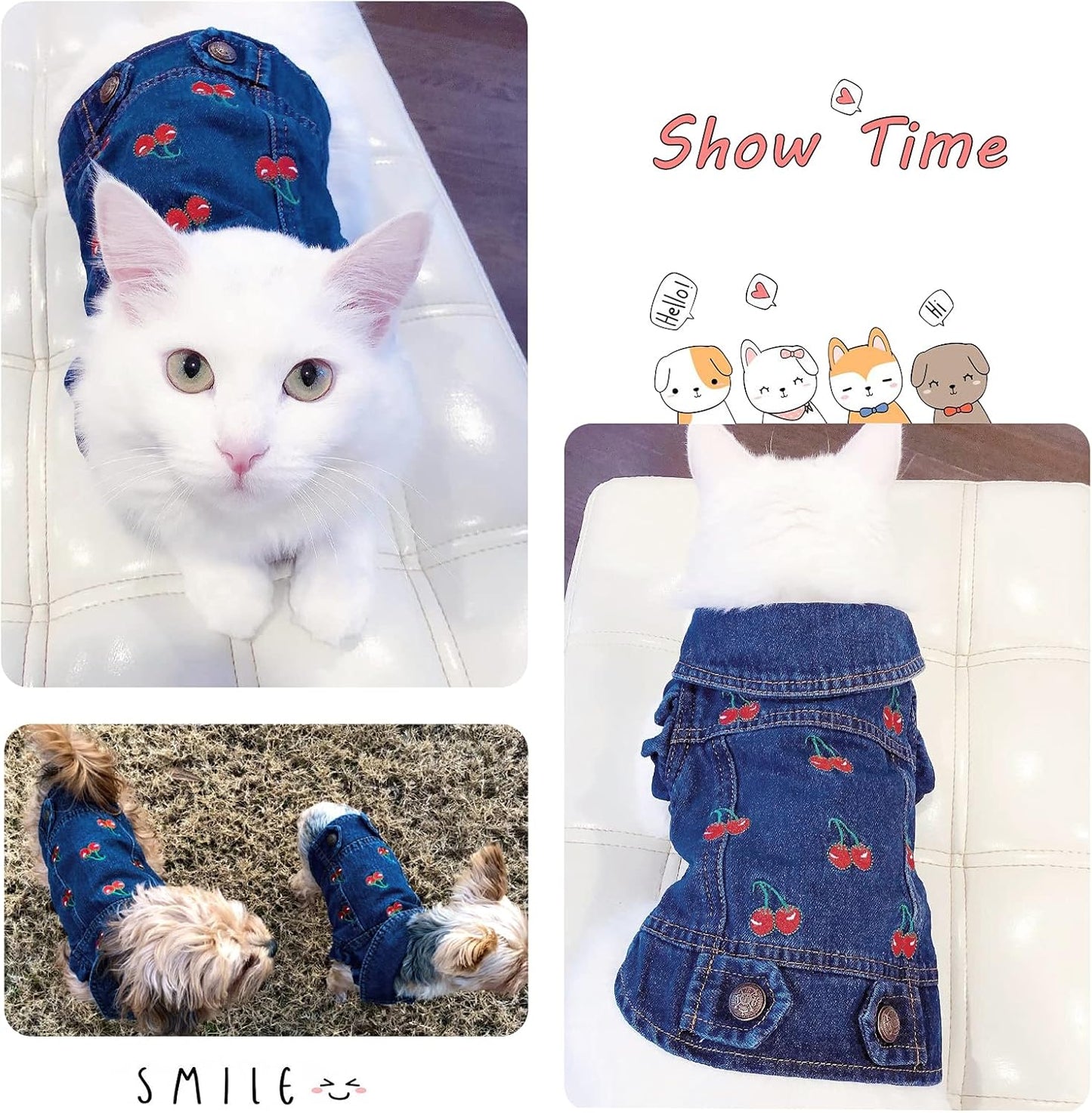 Pet Clothes Dog Jeans Jacket Cool Blue Denim Coat Small Medium Dogs Lapel Vests Classic Puppy Hoodies (S, Cherry)