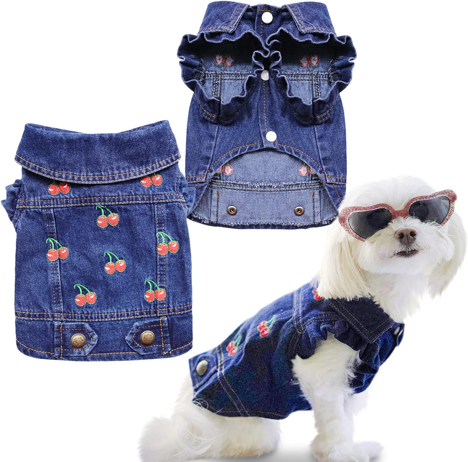 Pet Clothes Dog Jeans Jacket Cool Blue Denim Coat Small Medium Dogs Lapel Vests Classic Puppy Hoodies (S, Cherry)