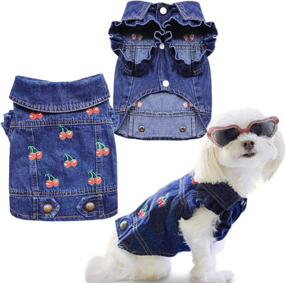 Pet Clothes Dog Jeans Jacket Cool Blue Denim Coat Small Medium Dogs Lapel Vests Classic Puppy Hoodies (S, Cherry)
