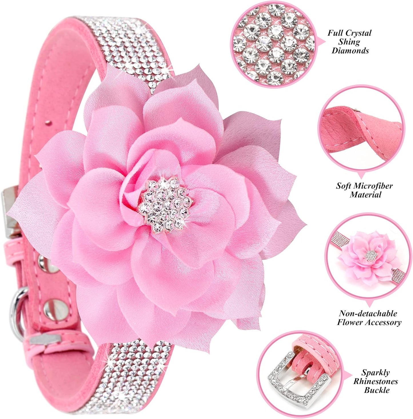 Rhinestone Dog Collar and Leash Set, Sparkling Girl Dog Collars with Bling Diamonds, Soft Leather Pink Pet Collar with Cute Flower for Small Puppy Dogs Walking Party Wedding,S