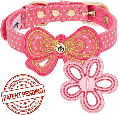 2 Patterns Adjustable Dog Collar with Metal Buckle and 2 Detachable Bowtie - Pink Polka Dot, Neck 9-12.5", for Small Breed