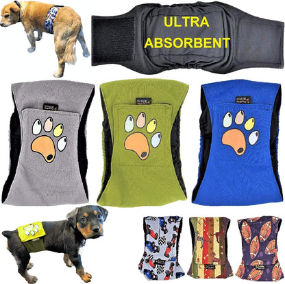 Pack of 3 Male Dog Diapers 4 - Layers of Absorbent Pads Waterproof Leak Proof Belly Band Wrap Washable (XL: Waist 20" - 26", Solid with Paw)