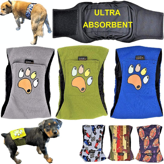 Pack of 3 Male Dog Diapers 4 - Layers of Absorbent Pads Waterproof Leak Proof Belly Band Wrap Washable (XL: Waist 20" - 26", Solid with Paw)