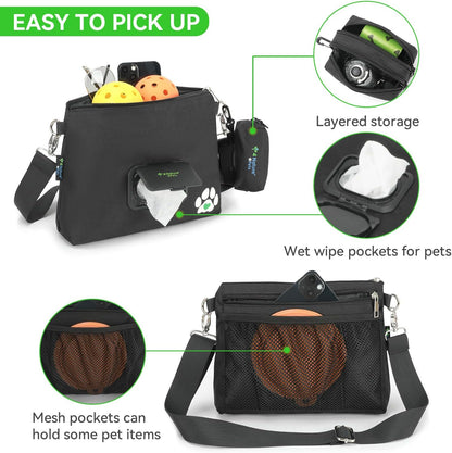 Dog Treat Pouch with Bonus Poop Bag Dispenser, Treat Bag for Dog Training, Food Pouch Holder, Dog Essentials, Leakproof Wet Wipes Pocket, Water Resistant (Black)