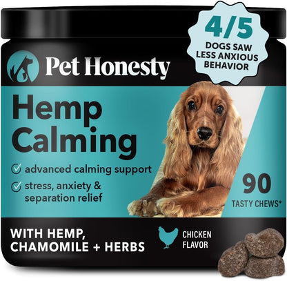 Natural Hemp Calming Chews for Dogs - Dog Anxiety Relief - Calming Aid Supplement with Valerian Root, Chamomile, + Magnesium - Stress, Separation & Thunder Support - (Chicken, 90 Count)