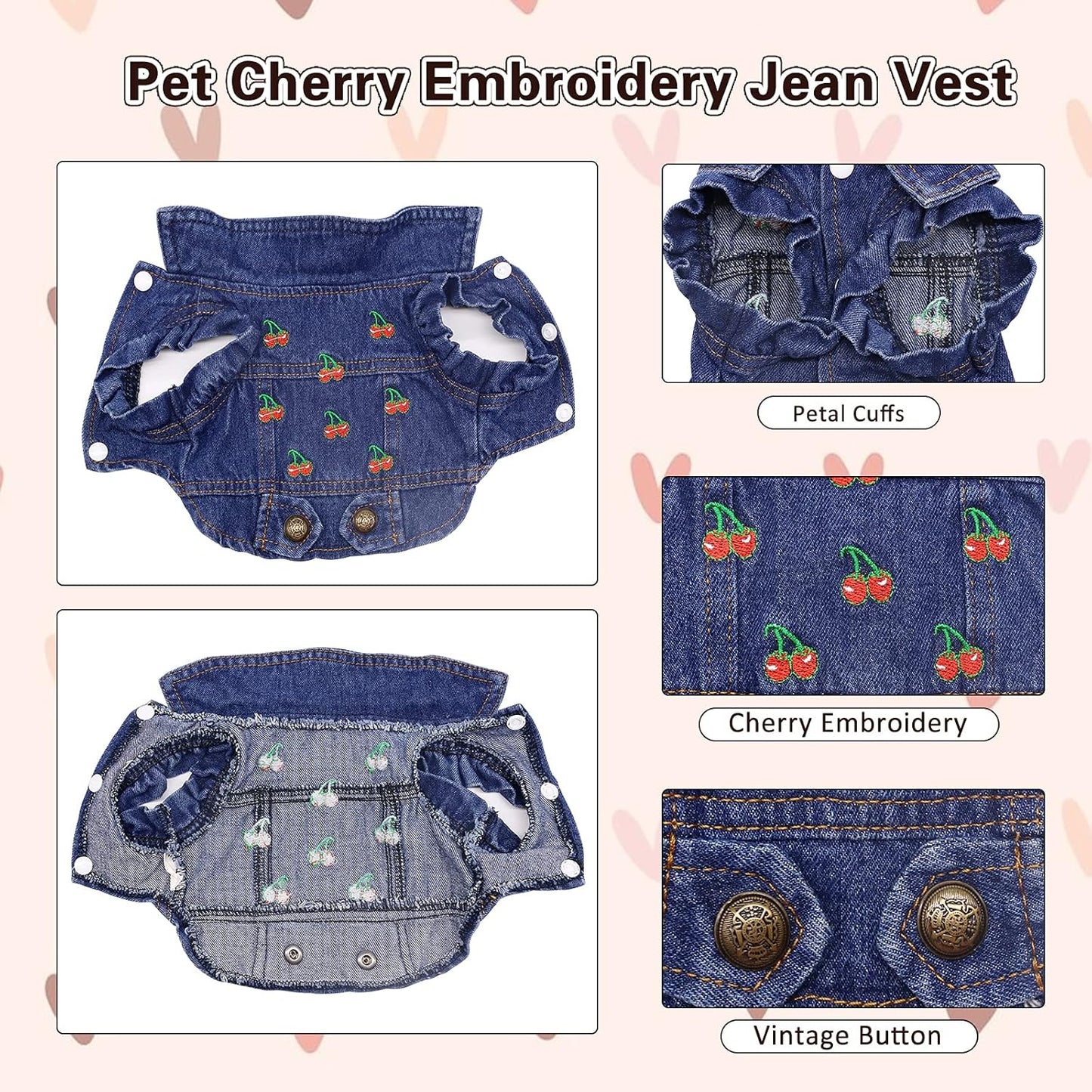 Pet Clothes Dog Jeans Jacket Cool Blue Denim Coat Small Medium Dogs Lapel Vests Classic Puppy Hoodies (S, Cherry)