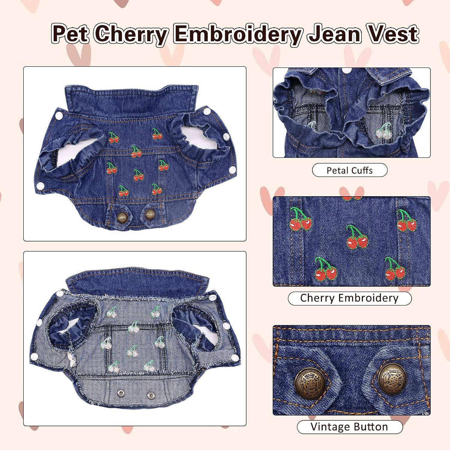 Pet Clothes Dog Jeans Jacket Cool Blue Denim Coat Small Medium Dogs Lapel Vests Classic Puppy Hoodies (S, Cherry)
