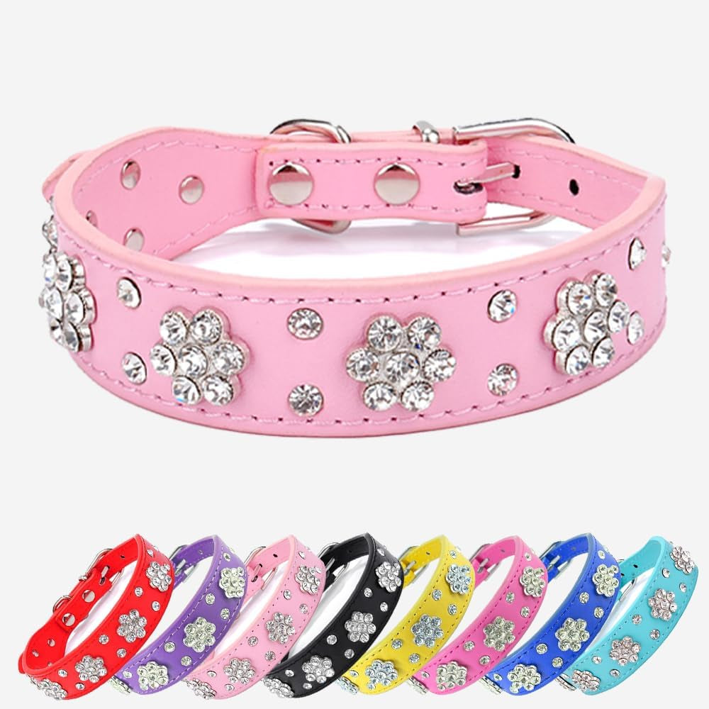 Rhinestone Flower Dog Collar - Sparkling Leather Pet Collar - for Small and Medium Dogs (Pink S)