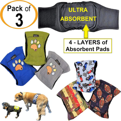 Pack of 3 Male Dog Diapers 4 - Layers of Absorbent Pads Waterproof Leak Proof Belly Band Wrap Washable (XL: Waist 20" - 26", Solid with Paw)