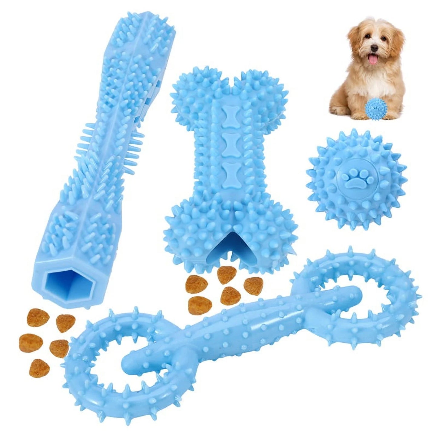 4-Piece Interactive & Chew Dog Toy Set with Rubber Bone & Dumbbell for Teething, Blue