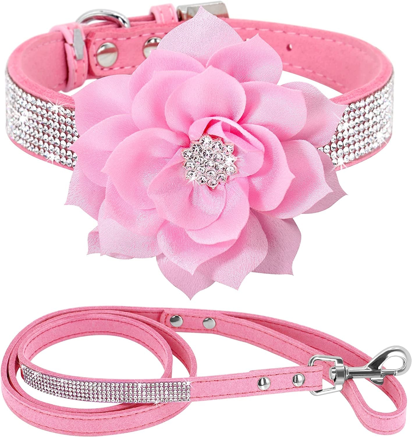 Rhinestone Dog Collar and Leash Set, Sparkling Girl Dog Collars with Bling Diamonds, Soft Leather Pink Pet Collar with Cute Flower for Small Puppy Dogs Walking Party Wedding,S