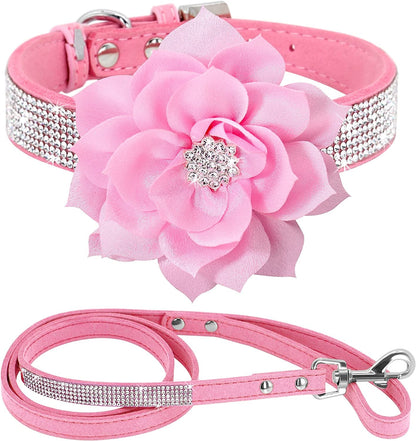 Rhinestone Dog Collar and Leash Set, Sparkling Girl Dog Collars with Bling Diamonds, Soft Leather Pink Pet Collar with Cute Flower for Small Puppy Dogs Walking Party Wedding,S