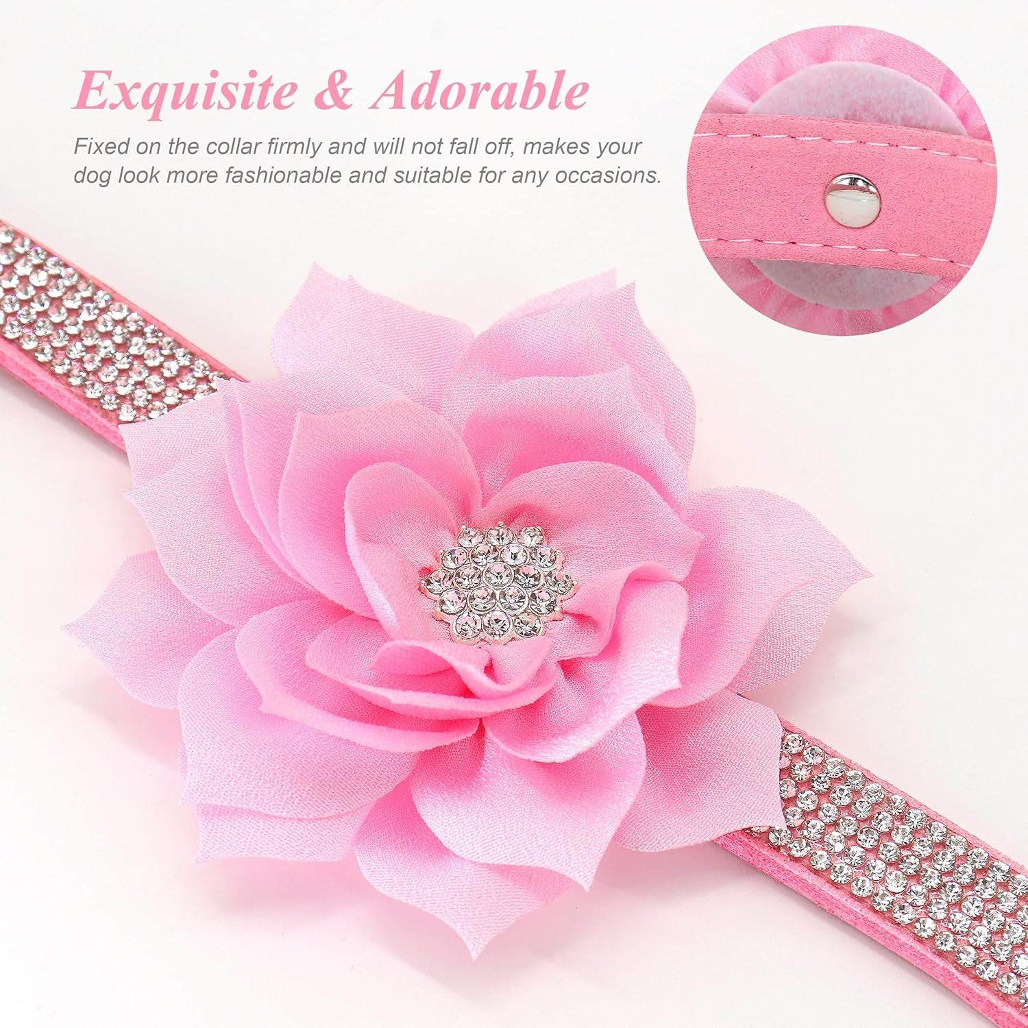 Rhinestone Dog Collar and Leash Set, Sparkling Girl Dog Collars with Bling Diamonds, Soft Leather Pink Pet Collar with Cute Flower for Small Puppy Dogs Walking Party Wedding,S