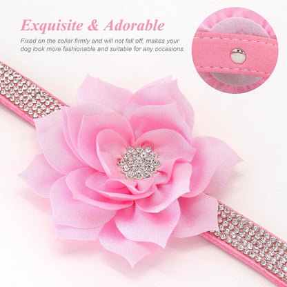 Rhinestone Dog Collar and Leash Set, Sparkling Girl Dog Collars with Bling Diamonds, Soft Leather Pink Pet Collar with Cute Flower for Small Puppy Dogs Walking Party Wedding,S